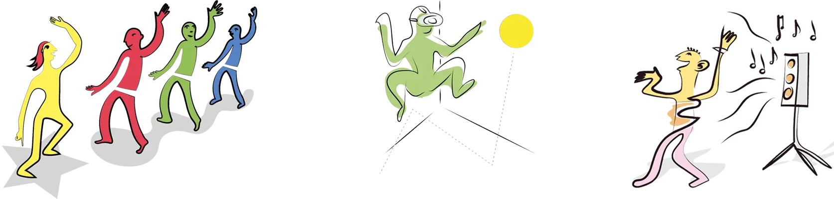 An illustration of people playing sports together, having fun, and listening to music.